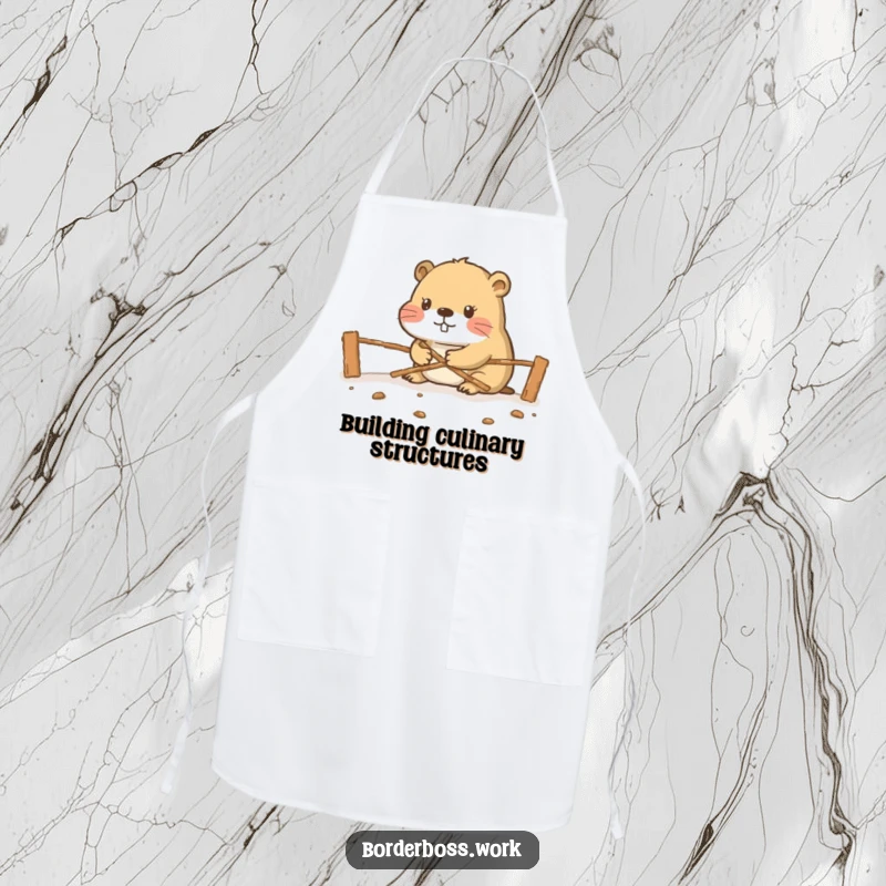 Funny diligent beaver constructing a border crossing, a humorous kitchen apron design for chefs.