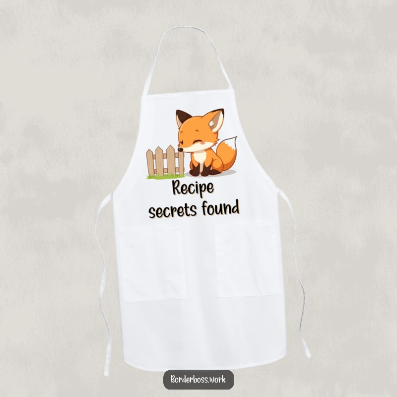 Funny curious fox peeking over a tiny fence, a humorous kitchen apron design for aspiring chefs.