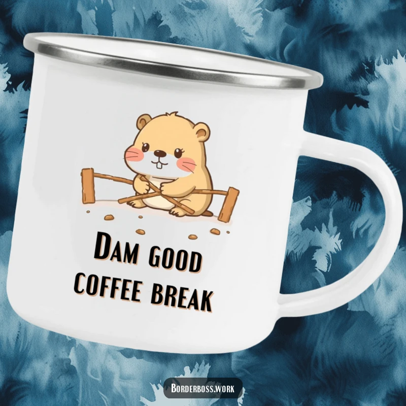 Funny diligent beaver constructing a miniature border crossing, a humorous and sturdy camping mug design.