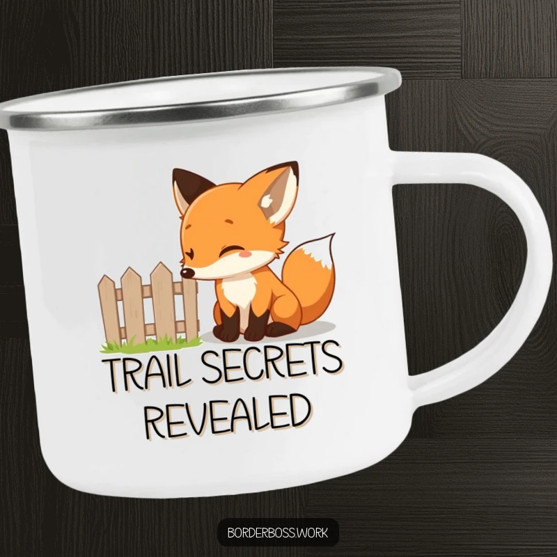 Funny curious fox inspecting a small fence, a humorous and sturdy camping mug design for outdoor enthusiasts.