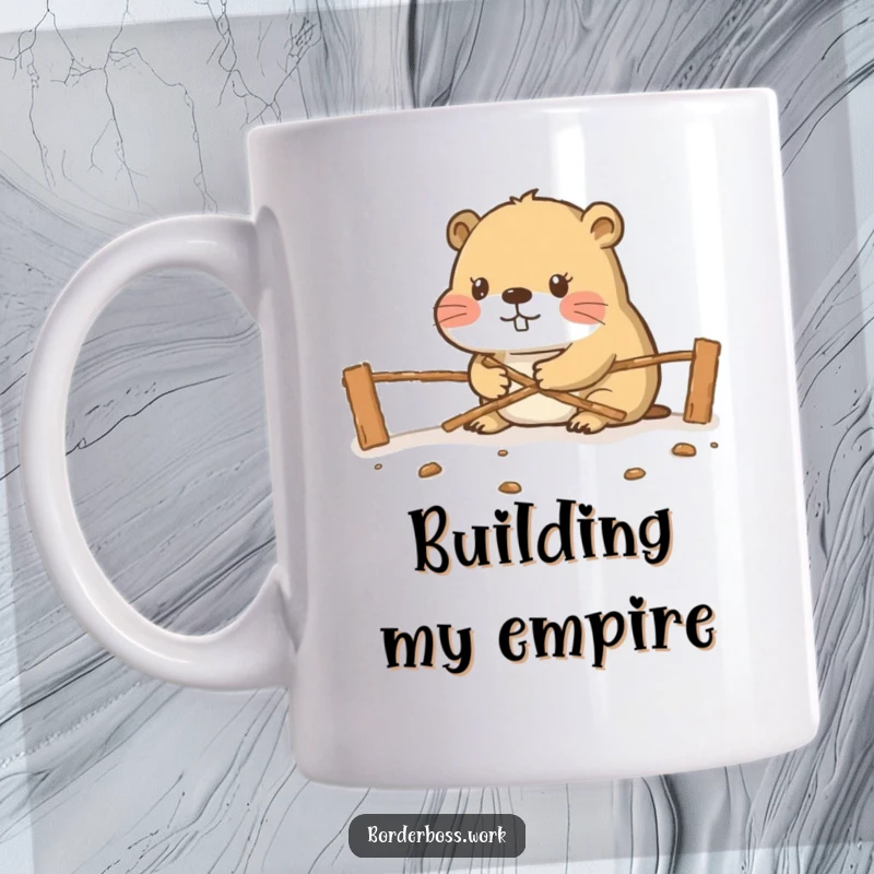 Funny diligent beaver constructing a miniature border crossing, showcasing dedication and humor on this mug.