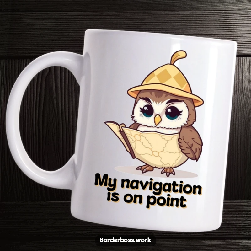 Funny owl in tiny hat intently studying a map, a humorous and vigilant character on this mug, perfect for gift-givers.