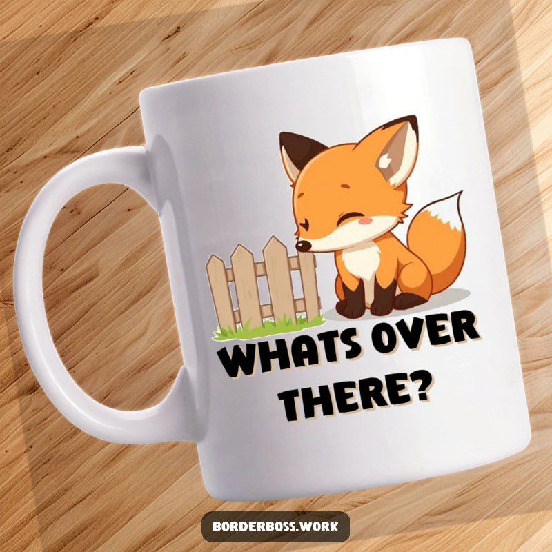 Funny curious fox carefully inspecting a tiny fence with a mischievous twinkle, a humorous character on this mug.