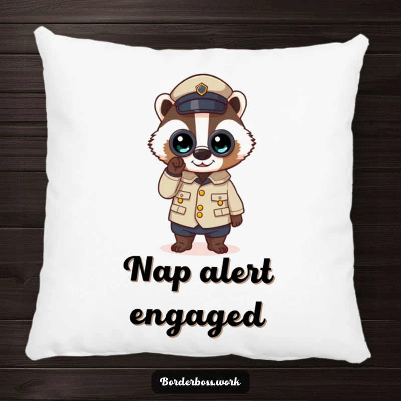 Funny pillow showcasing a determined badger in uniform, binoculars in hand, a soft and humorous decorative accent.