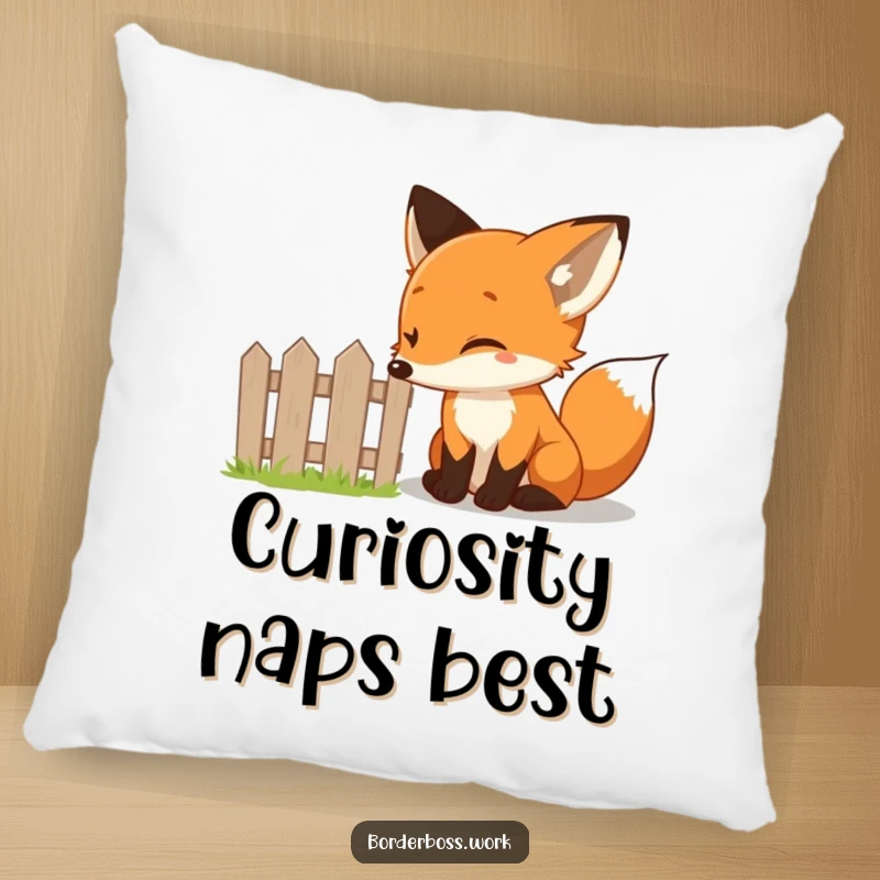 Funny curious fox inspecting a small fence, a humorous and soft pillow design for relaxation and fun.