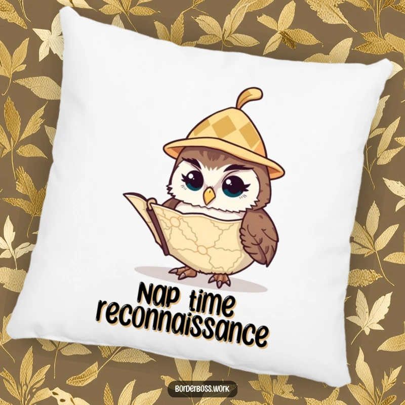 Funny owl in a tiny hat, peering intently at a map, a humorous and comforting plush pillow design for relaxation.