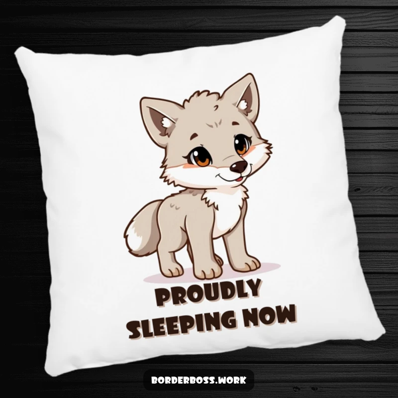 Funny playful wolf cub standing at attention with a proud posture, a humorous and soft pillow design.