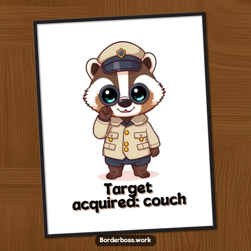 Funny digital art print of a determined badger in a crisp uniform, peering through binoculars, a humorous illustration.