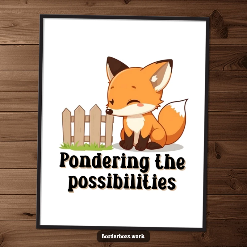 Funny curious fox with a twinkle in its eye, inspecting a tiny fence, high-resolution digital art print.