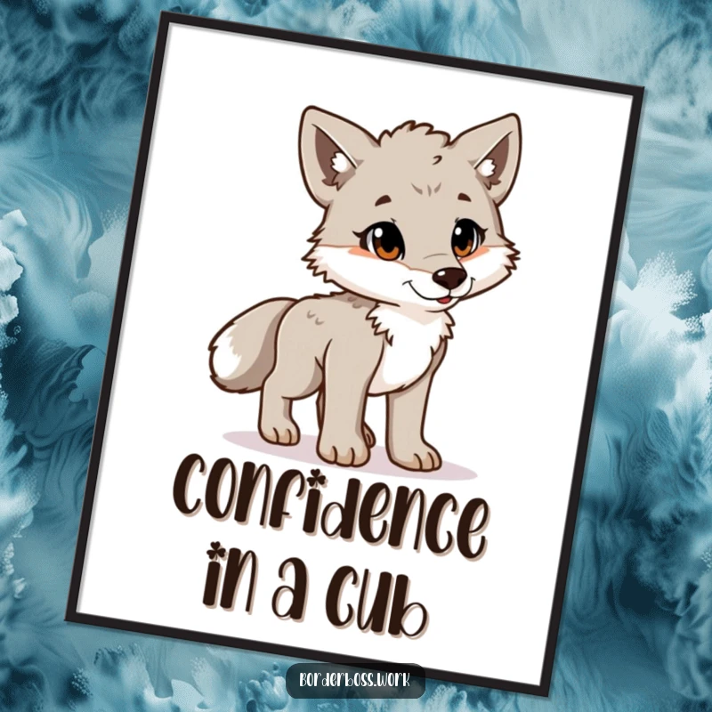 Funny playful wolf cub standing at attention with a proud posture, high-resolution digital art print.