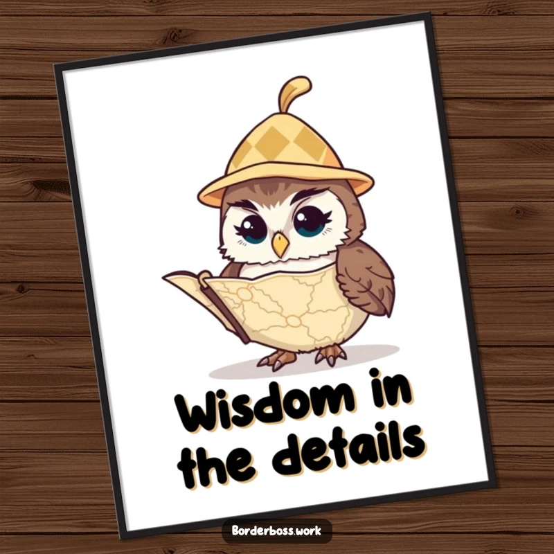 Funny vigilant owl in a tiny hat, peering intently at a map, high-resolution digital art print for humorous decor.