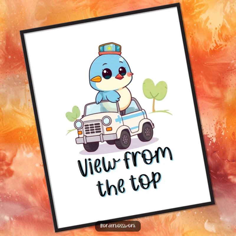 Funny digital art print of a bluebird on a small patrol vehicle, surveying the area, a whimsical and humorous illustration.