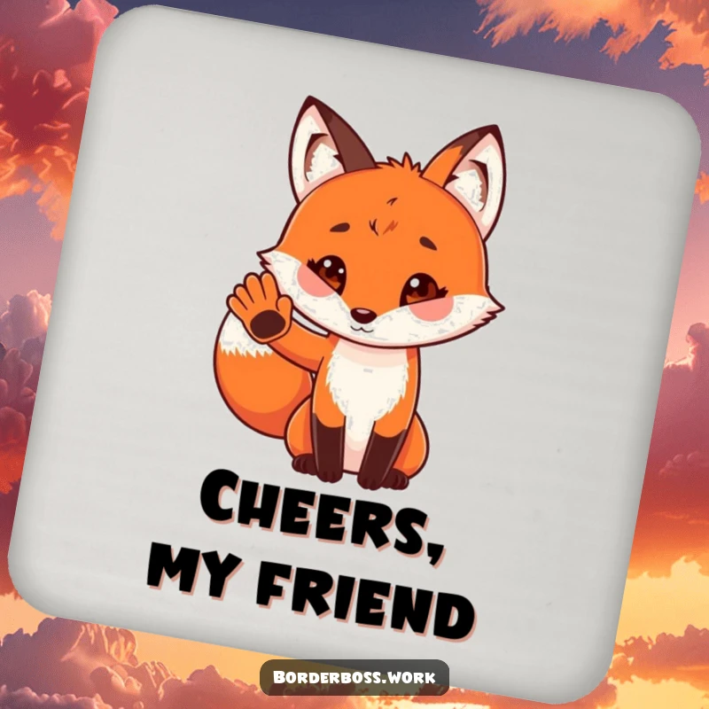 Funny drink coasters with a playful red fox in uniform, giving a tiny paw salute, a charming and protective accessory.
