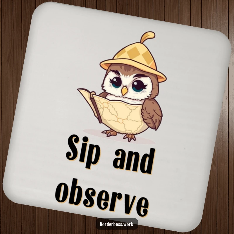Funny owl wearing a small hat, studying a map, a humorous and protective drink coaster design for tabletops.