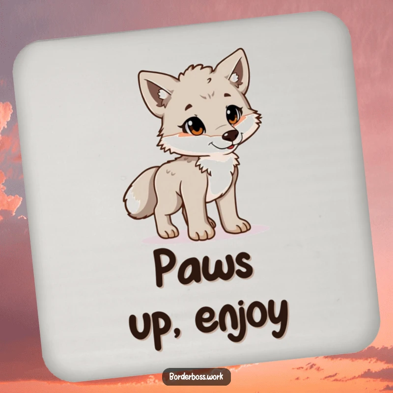 Funny playful wolf cub standing at attention, a humorous and protective drink coaster design.