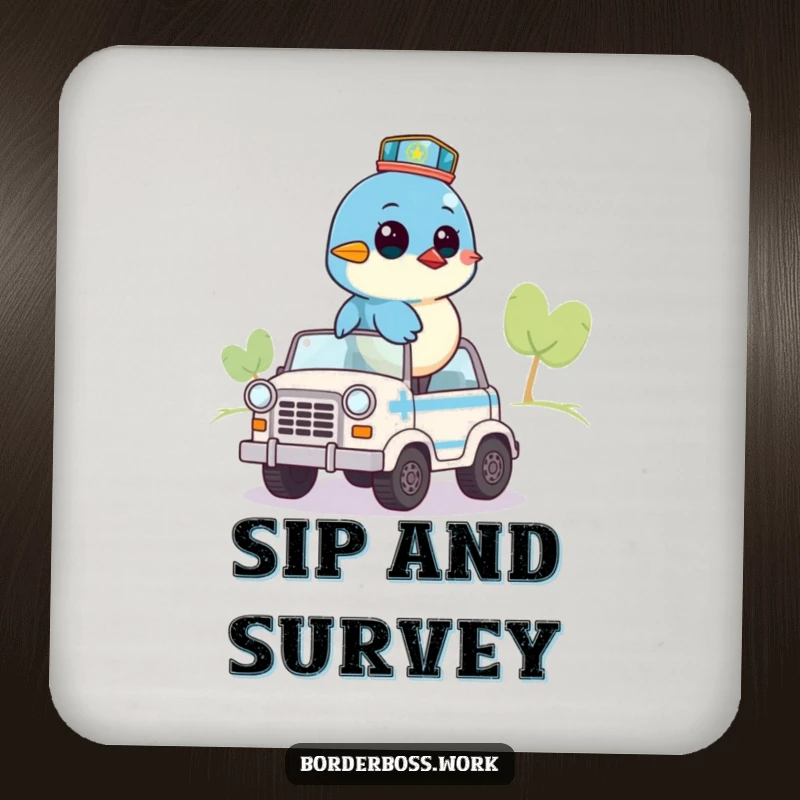 Funny drink coasters with a bluebird on a small patrol vehicle, surveying the area, a humorous and protective accessory.