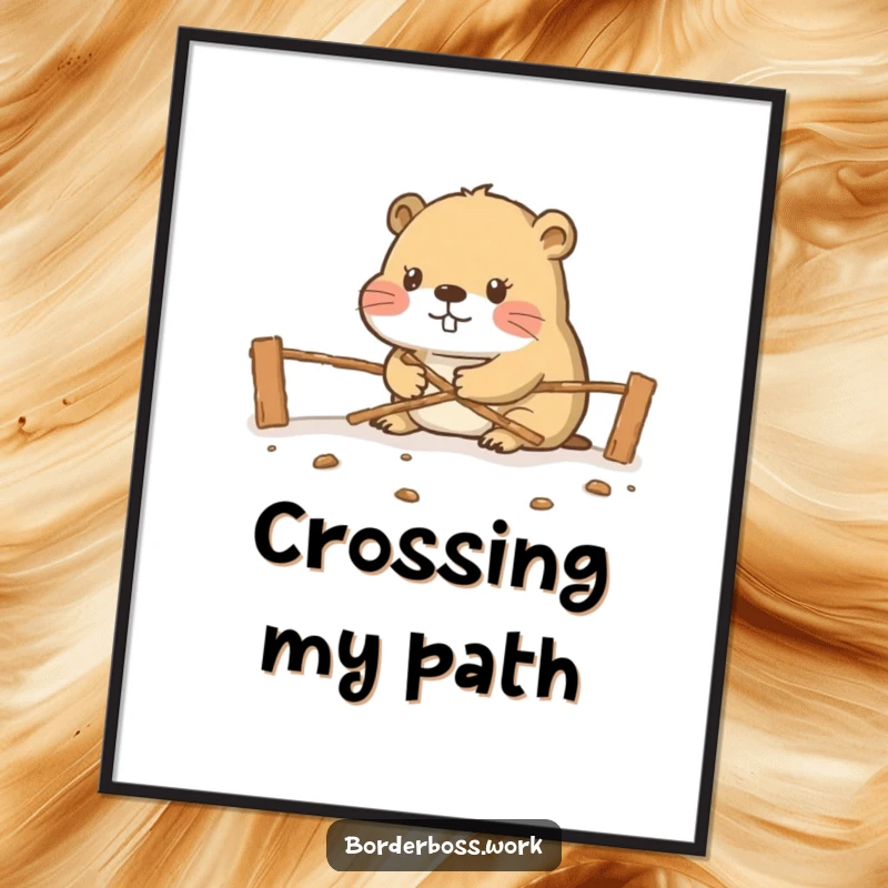 Funny diligent beaver constructing a miniature border crossing, a humorous and industrious art print for wall decor.