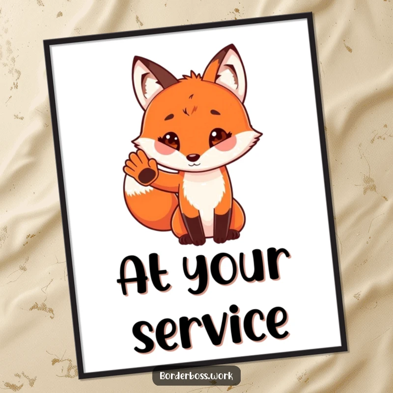 Funny poster of a playful red fox in uniform, giving a tiny paw salute, radiating cheerful and cute energy.