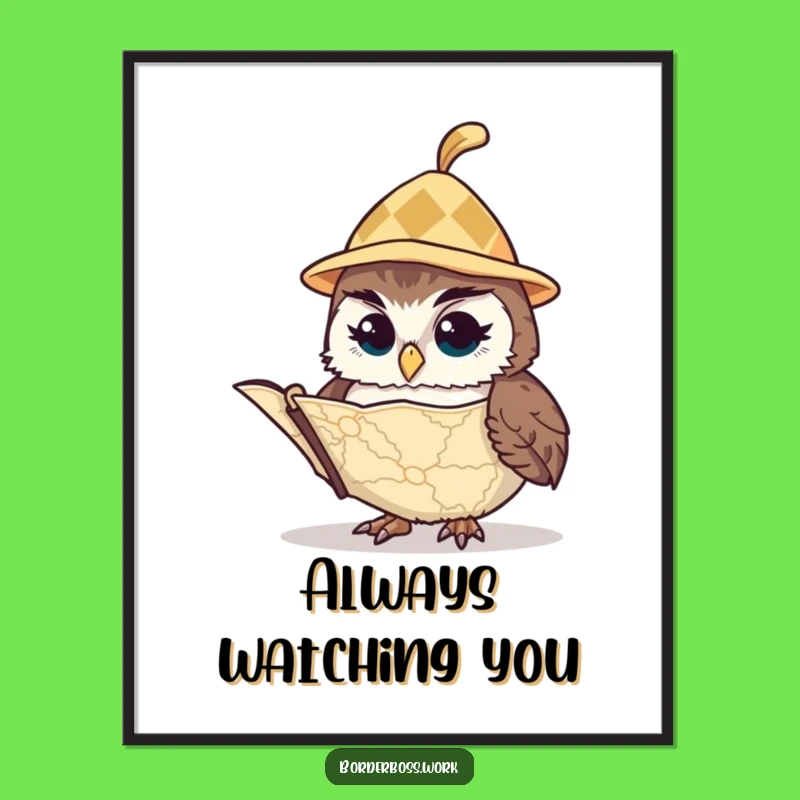 Funny Vigilant Owl Tiny Hat Poster: Hilarious Wall Art Gift for Wanderers