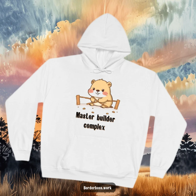 A diligent beaver meticulously constructing a miniature border crossing, humorously depicted on this cozy hoodie.