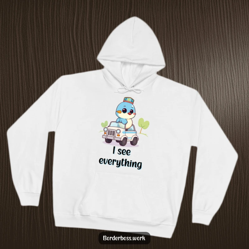 Funny hoodie depicting a bluebird on a small patrol vehicle, surveying the area, a cozy and humorous statement.