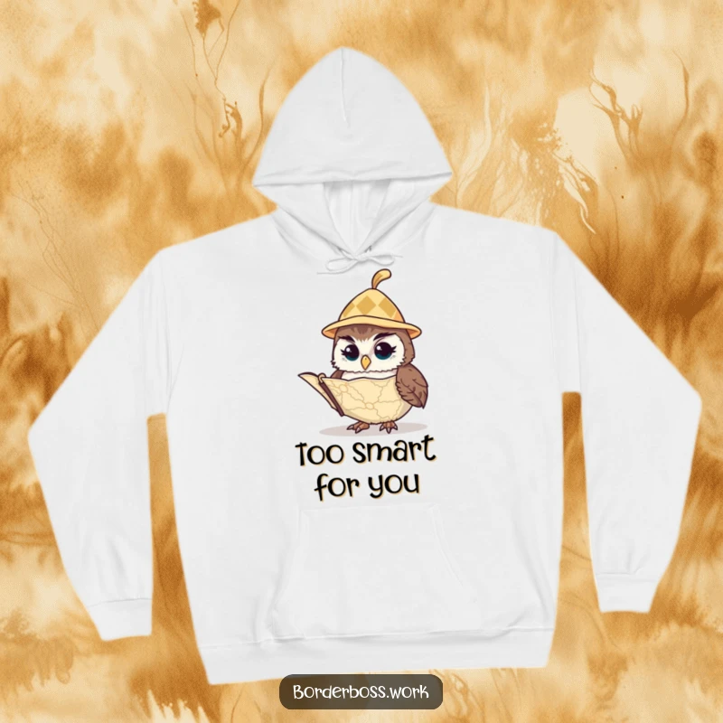 Funny owl in a small hat, diligently studying a map with intense focus, humorously depicted on this cozy hoodie.