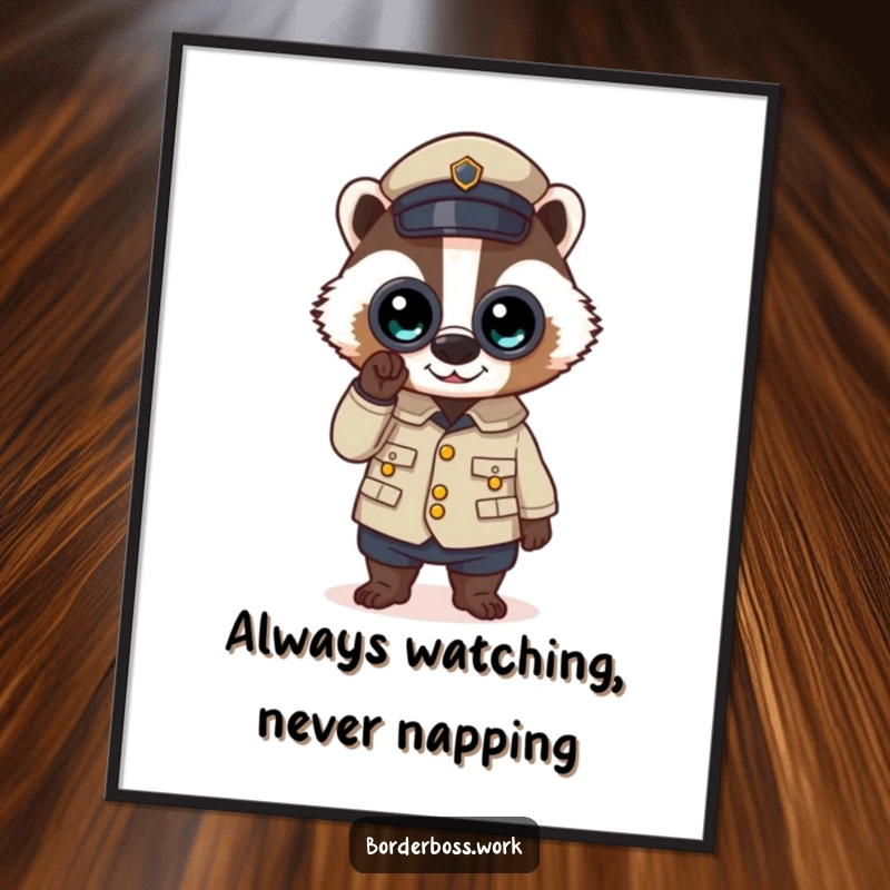 Funny Free Printable Badger Wall Art: A determined badger in uniform with binoculars, perfect for a laugh.