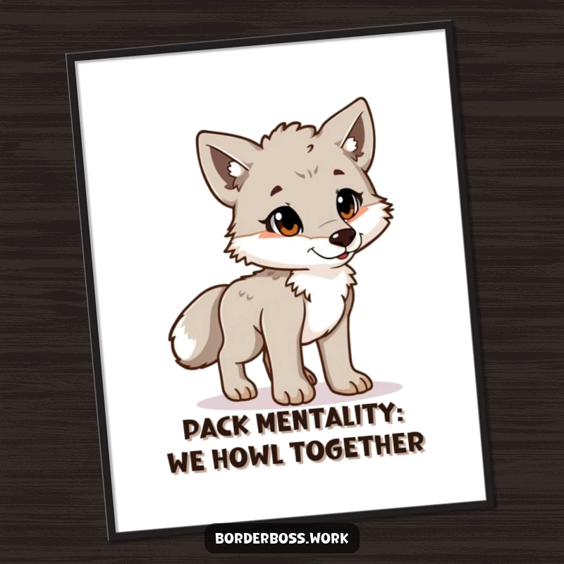 Funny Free Printable Wall Art: Playful wolf cub stands at attention with a proud posture, exuding confidence and charm.