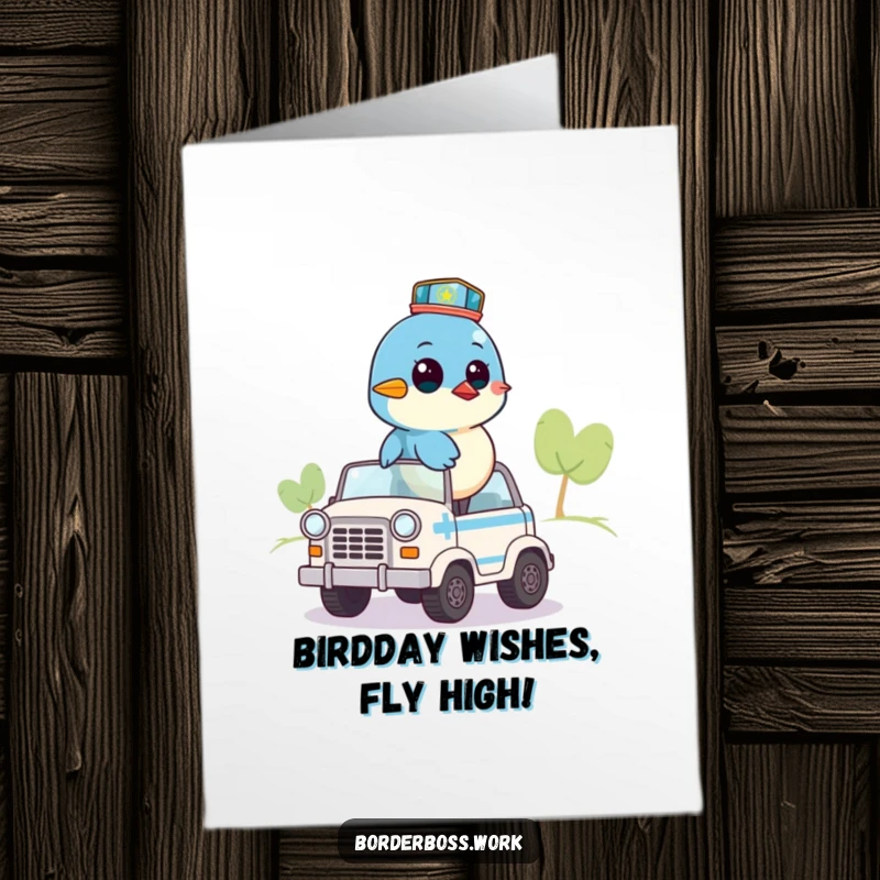 Funny Free Printable Bluebird Birthday Card: A bluebird on a patrol vehicle surveys the area for birthday fun.