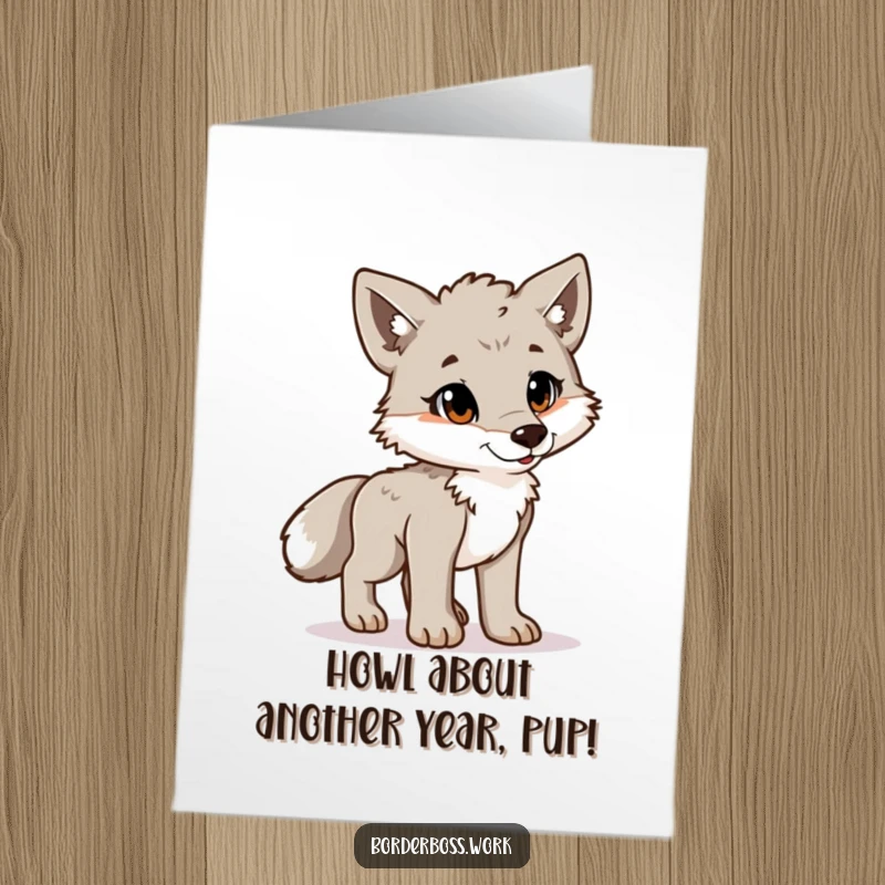 Funny Free Printable Birthday Card: Playful wolf cub stands at attention proudly, ready to celebrate the big day.
