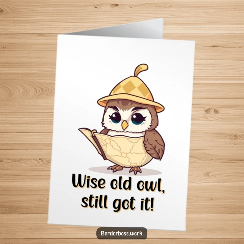 Funny Free Printable Birthday Card: Vigilant owl in a tiny hat studies a map, ready to guide the celebration.