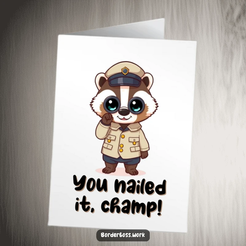 Funny Free Printable Badger Congratulations Card: A determined badger in uniform salutes your success with binoculars.