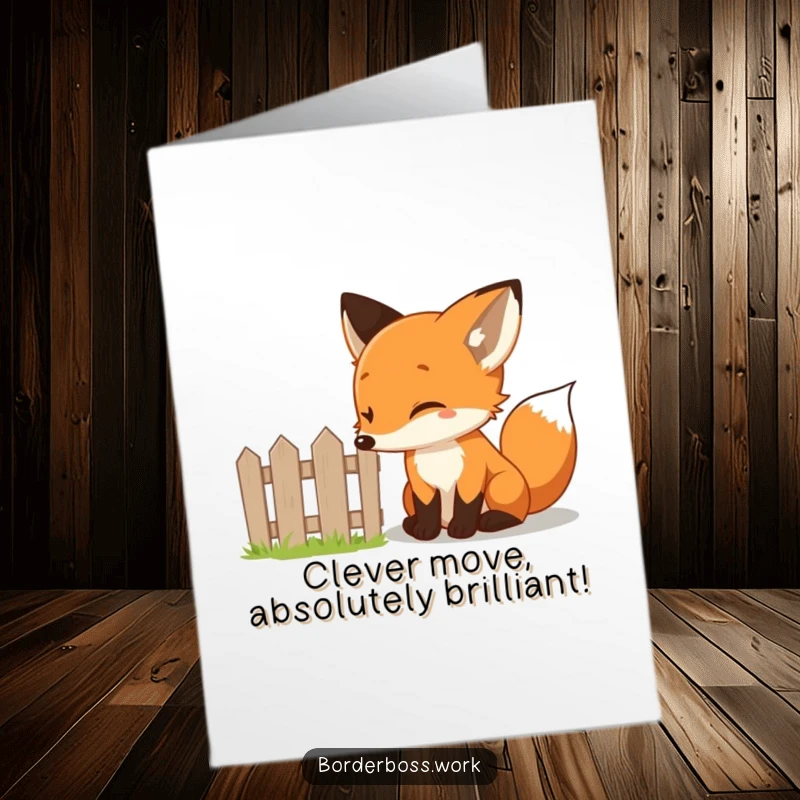 Funny Free Printable Congratulations Card: Curious fox peeks over a tiny fence, celebrating a successful achievement with a twinkle.