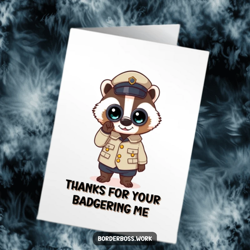 Funny Free Printable Badger Thank You Card: A dedicated badger soldier in uniform sending thanks via binoculars.