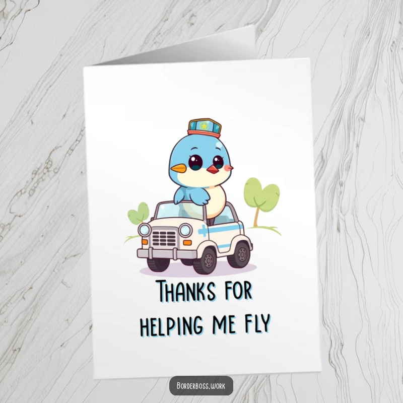Funny Free Printable Bluebird Thank You Card: A bluebird in a patrol vehicle keeps watch while saying thanks.