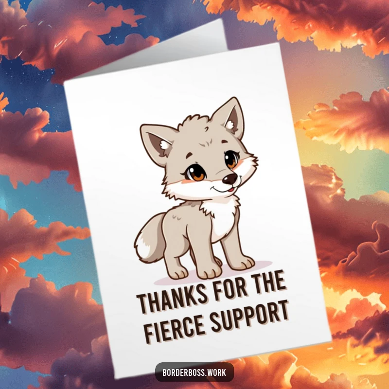 Funny Free Printable Thank You Card: Playful wolf cub stands with proud posture, offering thankful appreciation.