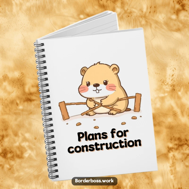 Funny diligent beaver constructing a border crossing, a humorous notebook cover for planning projects.