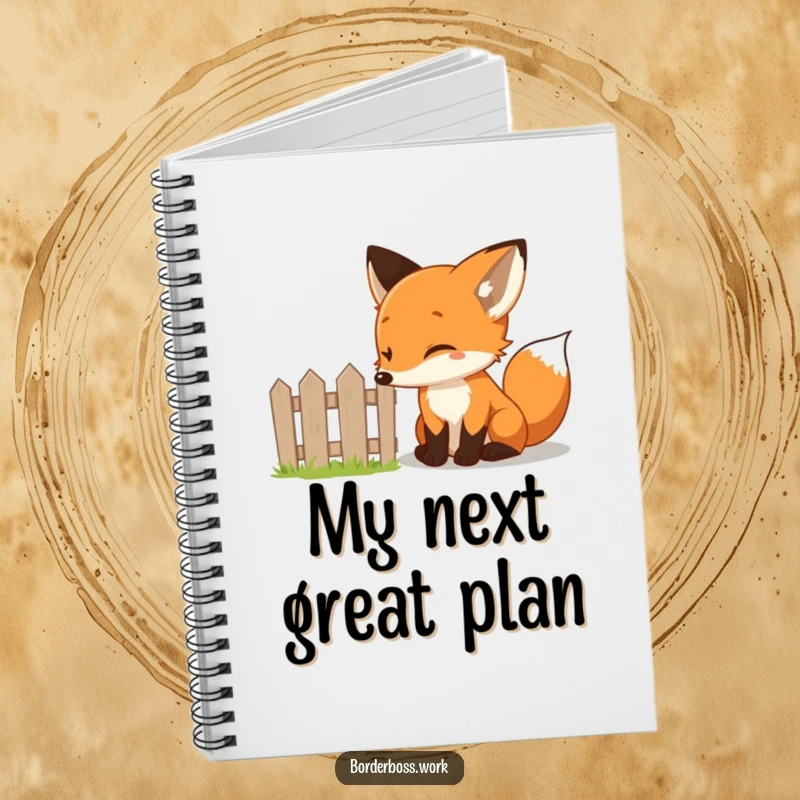 Funny curious fox inspecting a tiny fence, a humorous notebook cover for jotting down ideas and observations.