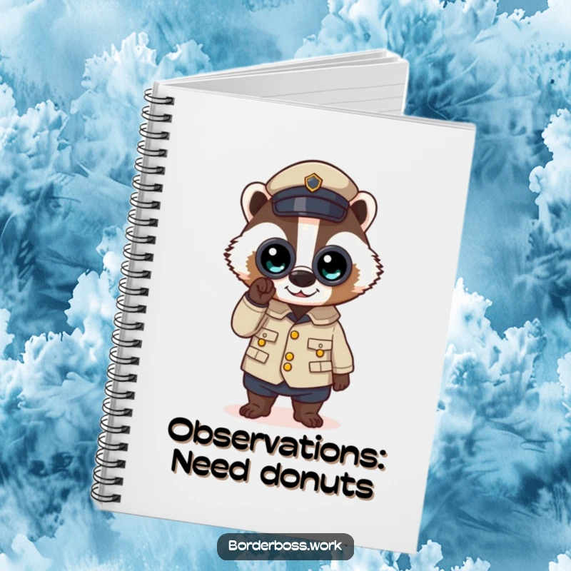 Funny notebook with a determined badger in uniform using binoculars, perfect for jotting down notes and funny observations.