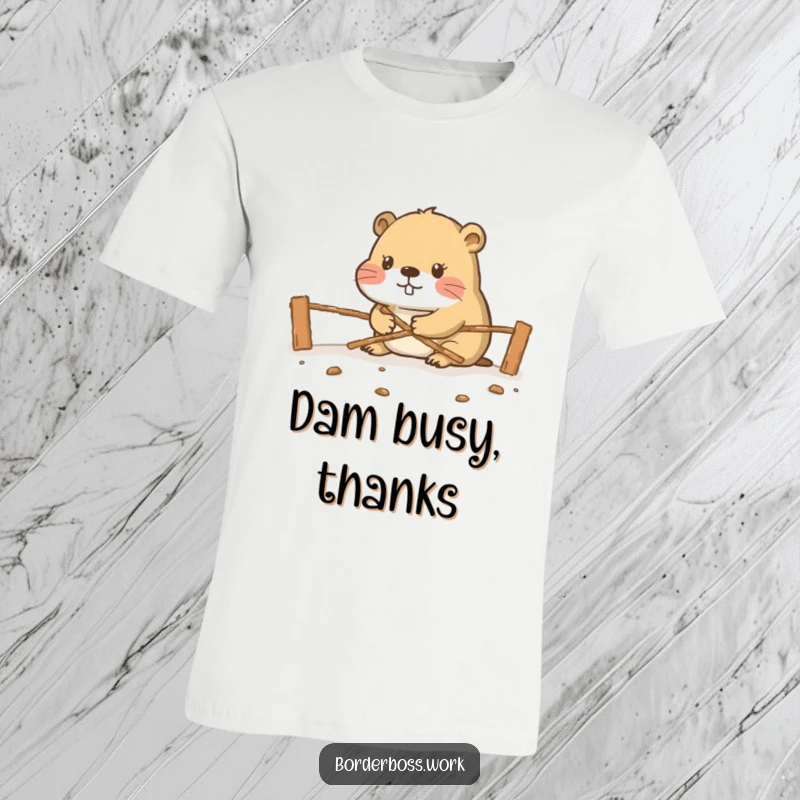 Funny, diligent beaver building a miniature border crossing, a humorous and industrious creature on this t-shirt.