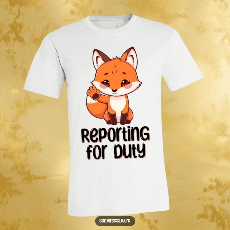 Funny t-shirt featuring a playful red fox in uniform, giving a cheerful salute with its tiny paw, full of charm.