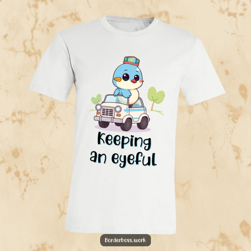 Funny t-shirt featuring a bluebird on a small patrol vehicle, surveying the area from its perch, a whimsical design.