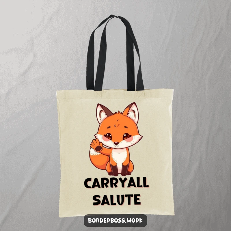 Funny tote bag featuring a playful red fox in uniform, adorably saluting with a tiny paw, a charming accessory.