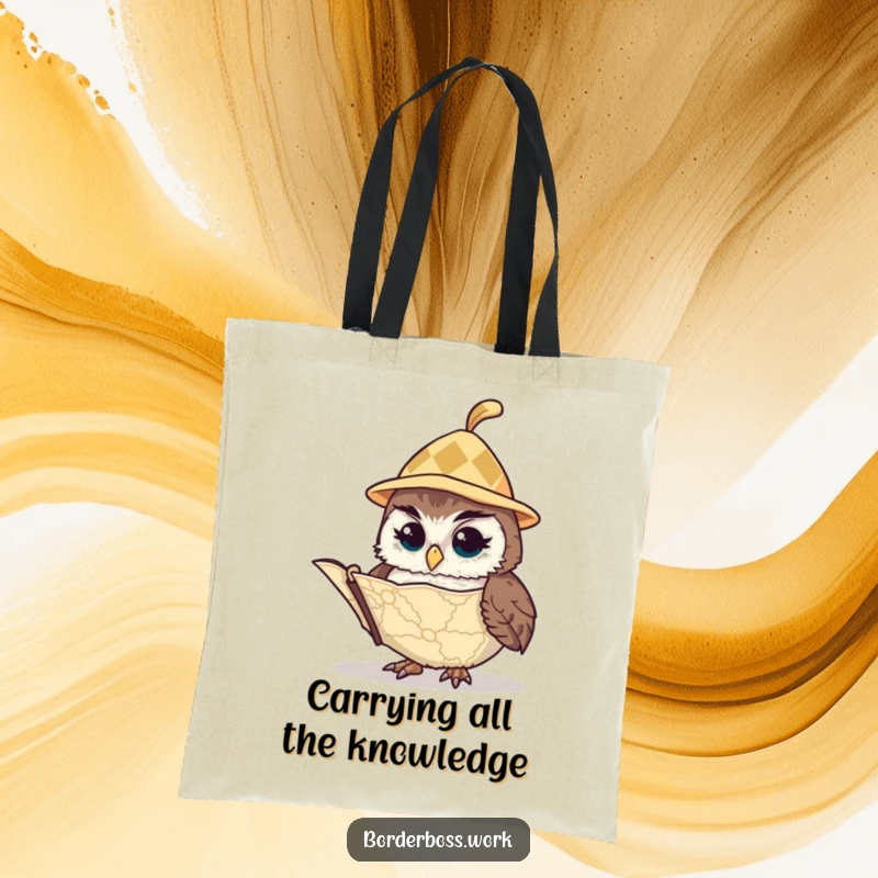 Funny owl in a tiny hat, intently consulting a map, a humorous and practical tote bag design for everyday use.