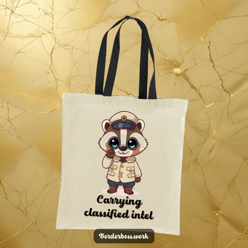 Funny tote bag showcasing a determined badger in uniform, using binoculars to survey, a practical and humorous carry-all.