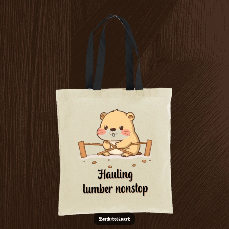 Funny diligent beaver constructing a tiny border crossing, a humorous and functional tote bag design.
