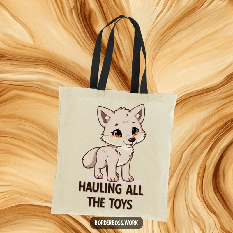 Funny playful wolf cub standing proudly at attention, a humorous and stylish tote bag design.