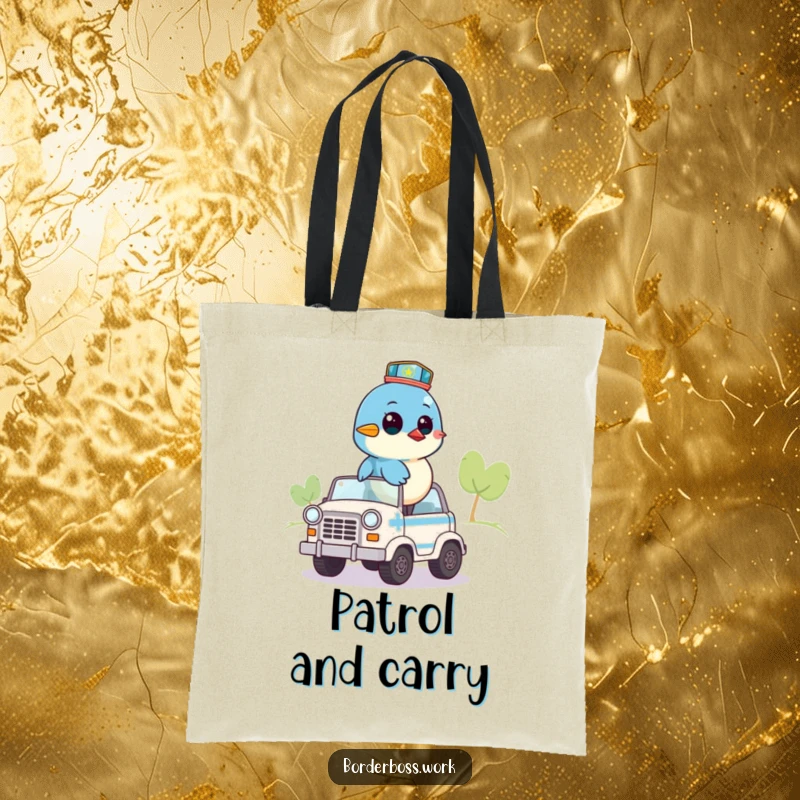 Funny tote bag showcasing a bluebird on a small patrol vehicle, surveying the area, a practical and humorous carry-all.
